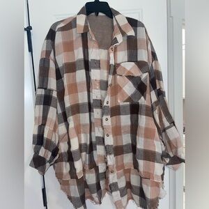 Vintage Distressed Plaid Shirt in Brown and Cream
